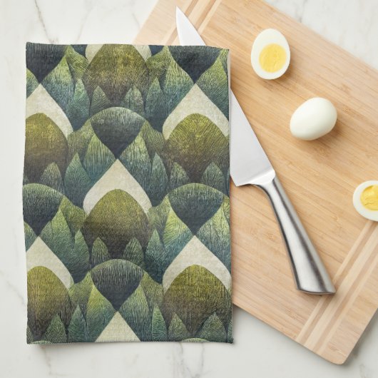 Earthy Green Art Deco Fan Pattern (5) キッチンタオル (四つ折り)