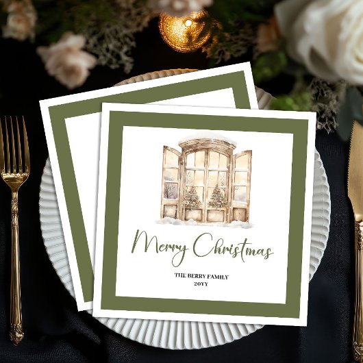Earthy Green Christmas Door Personalized Napkins スタンダードカクテルナプキン