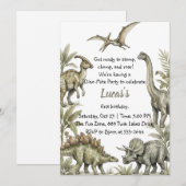 Earthy Green Watercolor Jurassic Dinosaur Birthday 招待状 (正面/裏面)