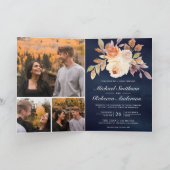 Earthy Ivory Floral QR Code Navy Blue Wedding 招待状 (内部)