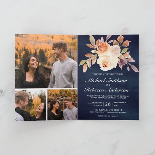 Earthy Ivory Floral QR Code Navy Blue Wedding 招待状 (内部)