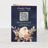 Earthy Ivory Floral QR Code Navy Blue Wedding 招待状 (裏面)