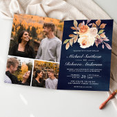 Earthy Ivory Floral QR Code Navy Blue Wedding 招待状
