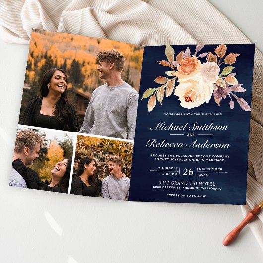 Earthy Ivory Floral QR Code Navy Blue Wedding 招待状