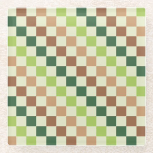 Earthy rainbow diagonal checkerboard pattern ガラスコースター (正面)