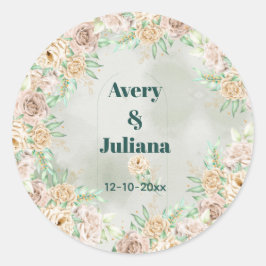 Earthy Shades Flowers Boho Elegant Sage Green ラウンドシール