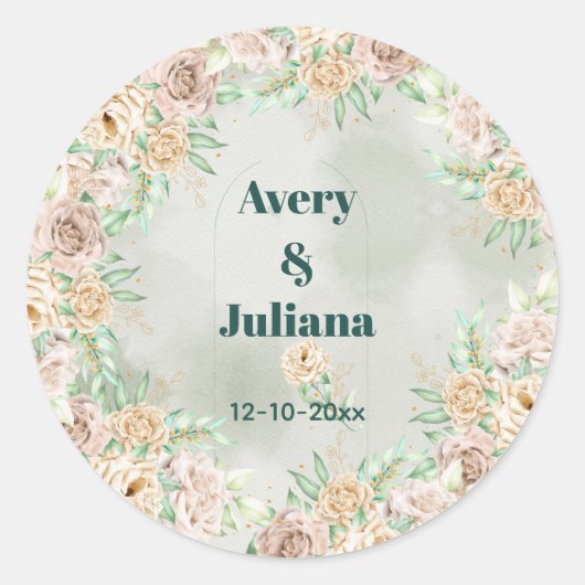 Earthy Shades Flowers Boho Elegant Sage Green ラウンドシール (正面)