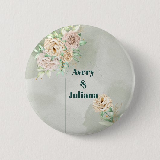 Earthy Shades Flowers Boho Elegant Sage Green 缶バッジ (正面)