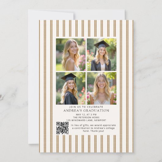 Earthy Stripes Graduation Photo Collage QR Code 案内状 (裏面)