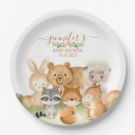 Earthy Woodland Animals Baby Celebration ペーパープレート (正面)
