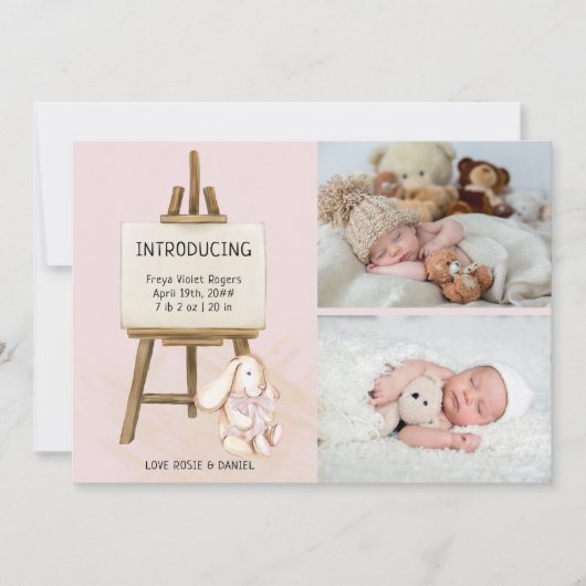 Easel & Bunny 2フォトベビーガール誕生 案内状 (正面)