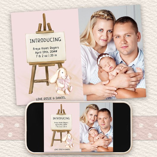 Easel & Bunny Photo Baby Girl誕生 案内状