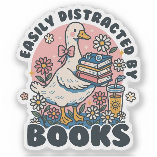 Easily Distracted by Books Cute Goose Bookworm シール (正面)