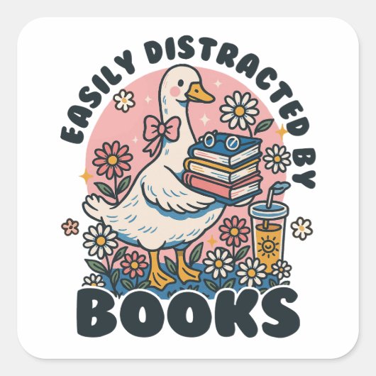 Easily Distracted by Books Cute Goose Bookworm スクエアシール (正面)