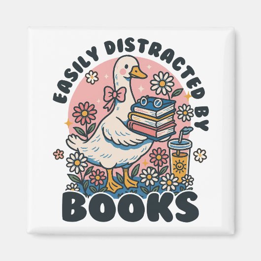Easily Distracted by Books Cute Goose Bookworm マグネット (正面)