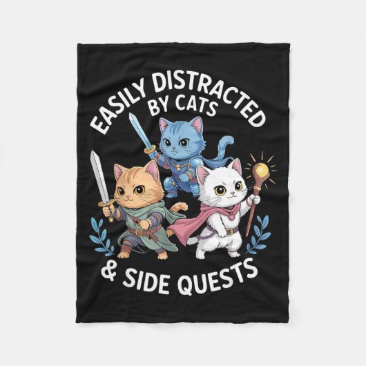 Easily Distracted By Cats & Side Quests Funny フリースブランケット (正面)