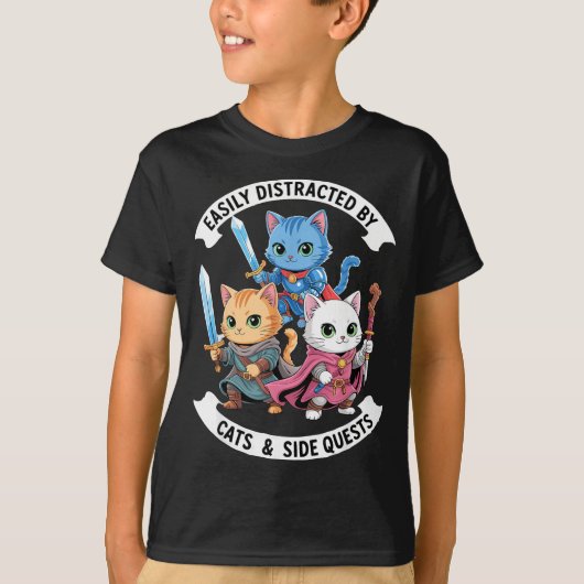 Easily Distracted By Cats & Side Quests Funny Tシャツ (正面)