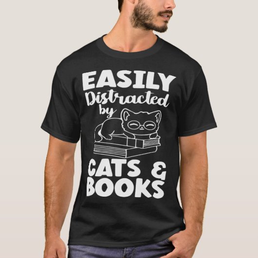Easily Distracted By Cats And Books Cat  Bookworm Tシャツ (正面)