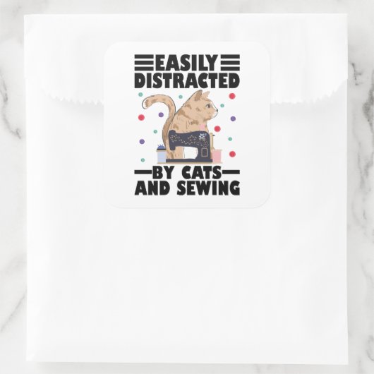 Easily Distracted By Cats And Sewing cat lover スクエアシール (バッグ)