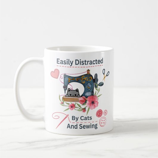 Easily Distracted By Cats And Sewing Machine Lover コーヒーマグカップ (左)