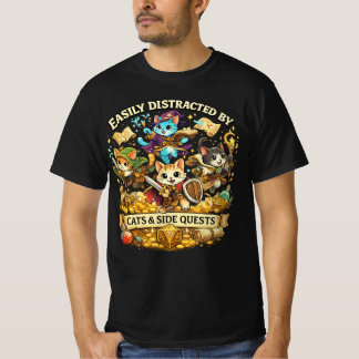Easily Distracted by Cats & Side Quests Funny RPG  Tシャツ