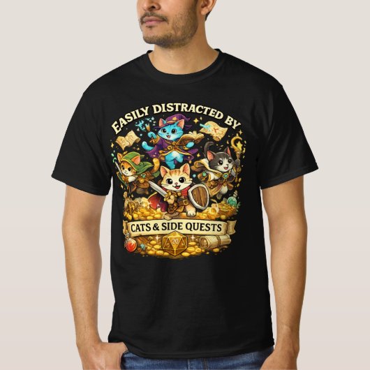 Easily Distracted by Cats & Side Quests Funny RPG Tシャツ (正面)