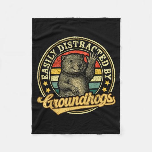 Easily Distracted By Groundhogs Funny Retro Animal フリースブランケット (正面)