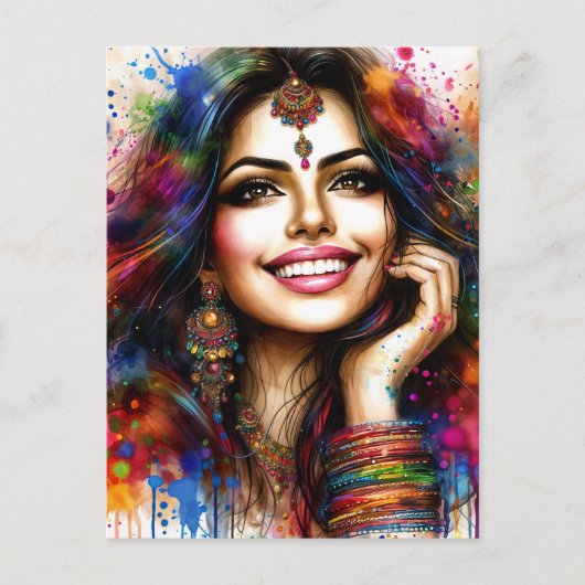 East Indian Beauty Colorful Festival Art ポストカード (正面)