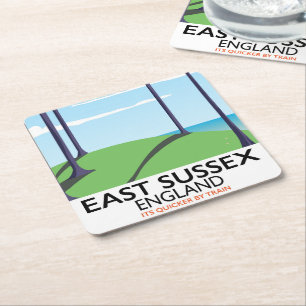East Sussex, England train poster スクエアペーパーコースター