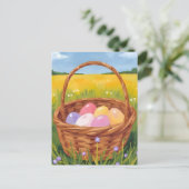 Easter Basket Egg Hunt Pastel Watercolor シーズンポストカード (スタンド正面)