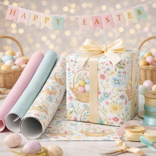 Easter Basket & Spring Floral Pattern ラッピングペーパー