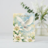 Easter Blessings Christian Dove & Lily Watercolor ポストカード (スタンド正面)