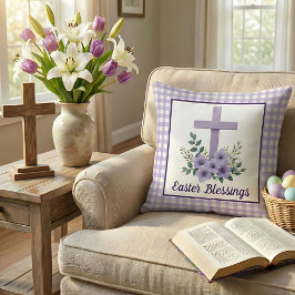 Easter Blessings Cross with Flowers Purple Gingham クッション