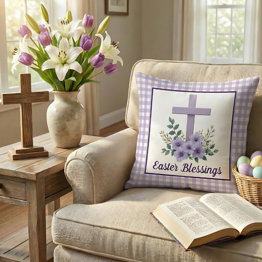 Easter Blessings Cross with Flowers Purple Gingham クッション