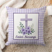 Easter Blessings Cross with Flowers Purple Gingham クッション (ブランケット)