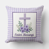 Easter Blessings Cross with Flowers Purple Gingham クッション (正面)