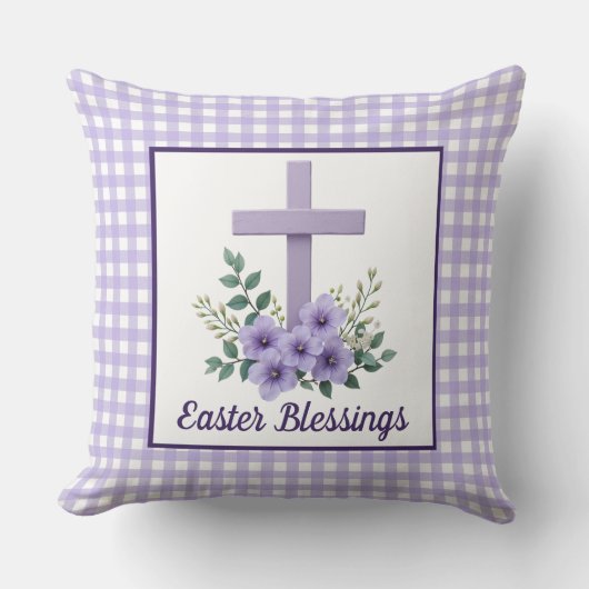 Easter Blessings Cross with Flowers Purple Gingham クッション (正面)