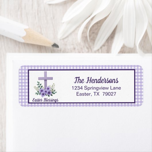 Easter Blessings Cross with Flowers Purple Gingham ラベル (インサイチュ)