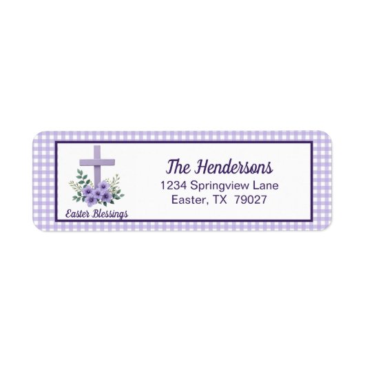 Easter Blessings Cross with Flowers Purple Gingham ラベル (正面)