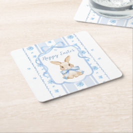 Easter Blue Bow Watercolor Bunny Floral Cottage  スクエアペーパーコースター