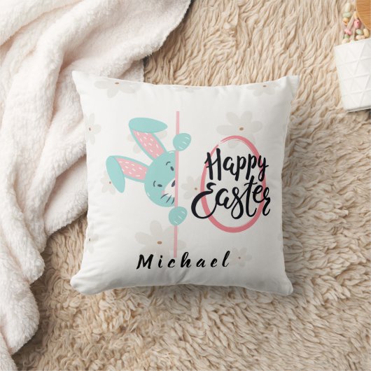 Easter Blue Bunny Personalized Throw Pillow クッション (ブランケット)
