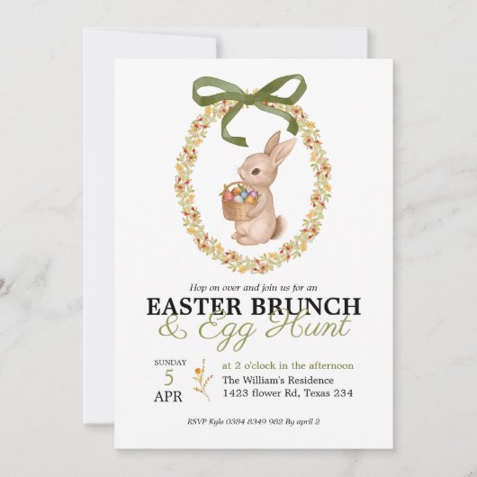 Easter Brunch and Egg Hunt Bunny Floral Invitation 招待状 (正面)