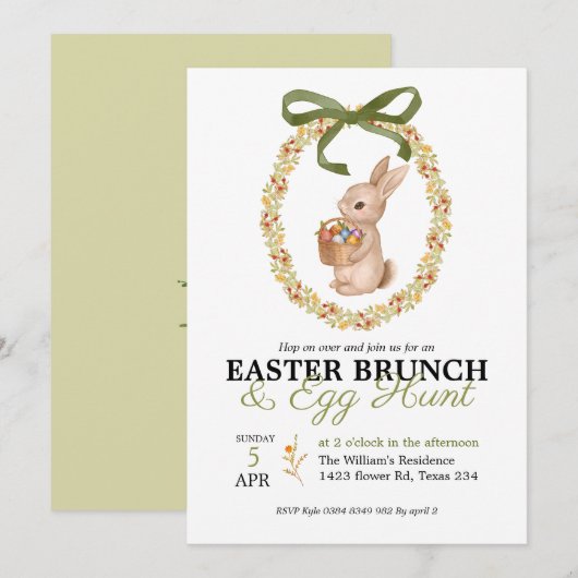 Easter Brunch and Egg Hunt Bunny Floral Invitation 招待状 (正面/裏面)