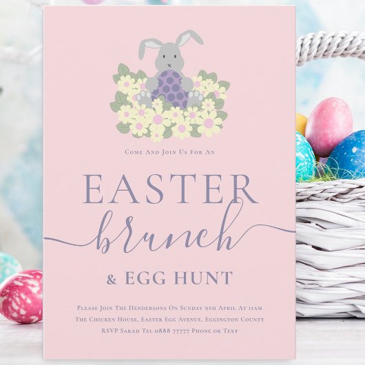Easter Brunch and Egg Hunt Cute Bunny Pink 招待状