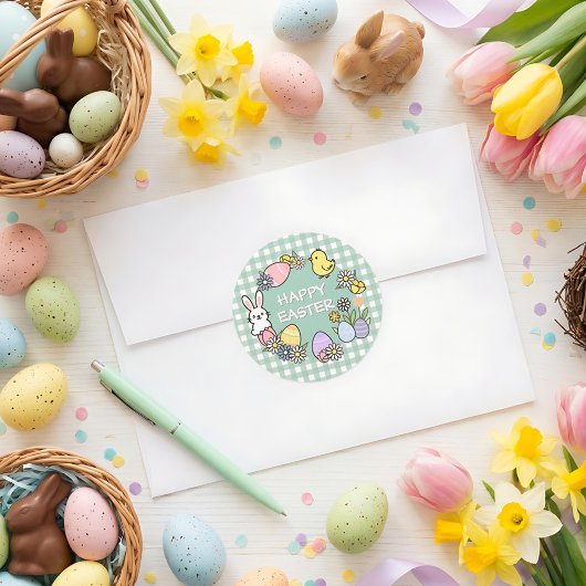 Easter Brunch & Egg Hunt Green Gingham ラウンドシール
