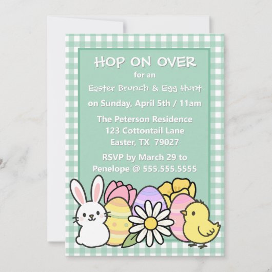 Easter Brunch & Egg Hunt Green Gingham 招待状 (正面)