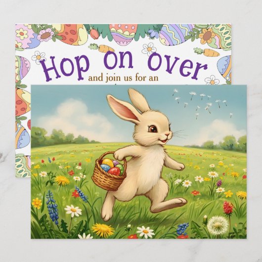 Easter Brunch & Egg Hunt Spring Meadow Bunny 招待状 (正面/裏面)