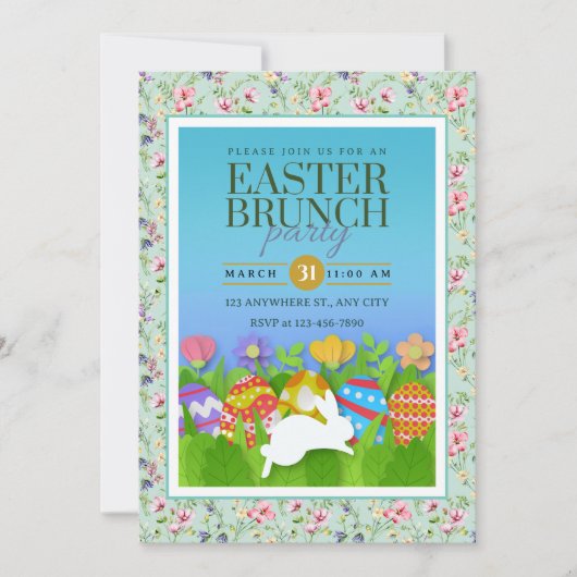 Easter Brunch Party – Colorful Bunny & Eggs 招待状 (正面)
