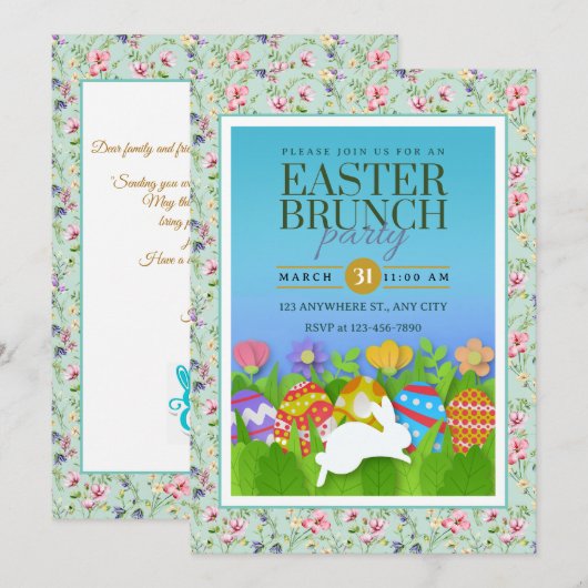 Easter Brunch Party – Colorful Bunny & Eggs 招待状 (正面/裏面)