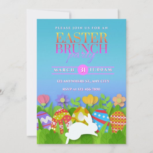 Easter Brunch Party – Colorful Bunny & Eggs 案内状 (正面)